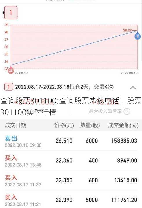 查询股票301100;查询股票热线电话：股票301100实时行情