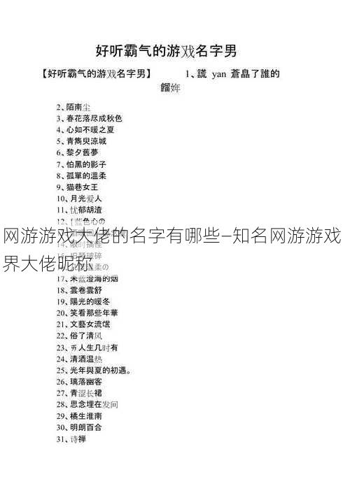 网游游戏大佬的名字有哪些—知名网游游戏界大佬昵称